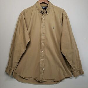 Vintage Ralph Lauren Large Long Sleeve Shirt Khaki Tan Button Down Pony Logo